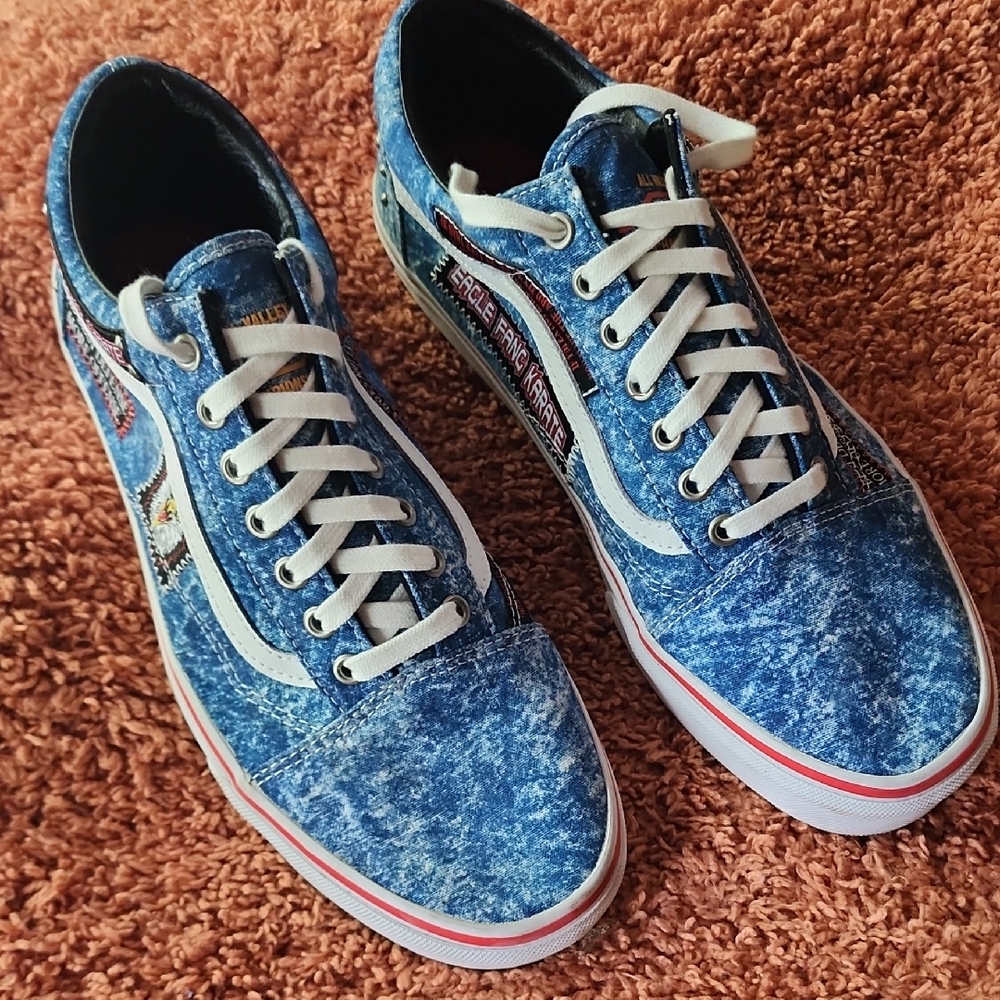 Vans Blue Acid Wash Men's Sneakers Cobra Kai Best Defense More Offense